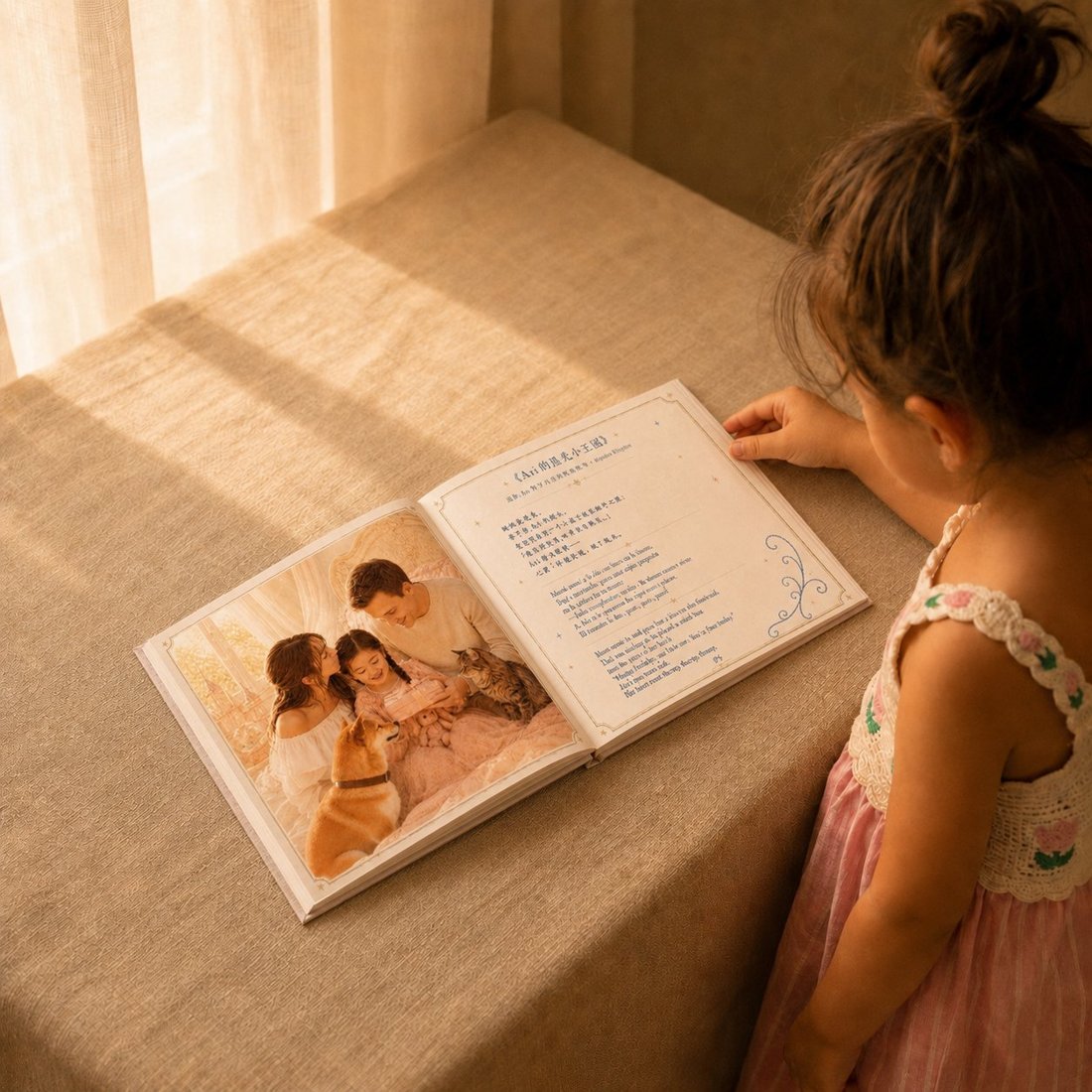Niña leyendo su cuento personalizado de Alas Stories