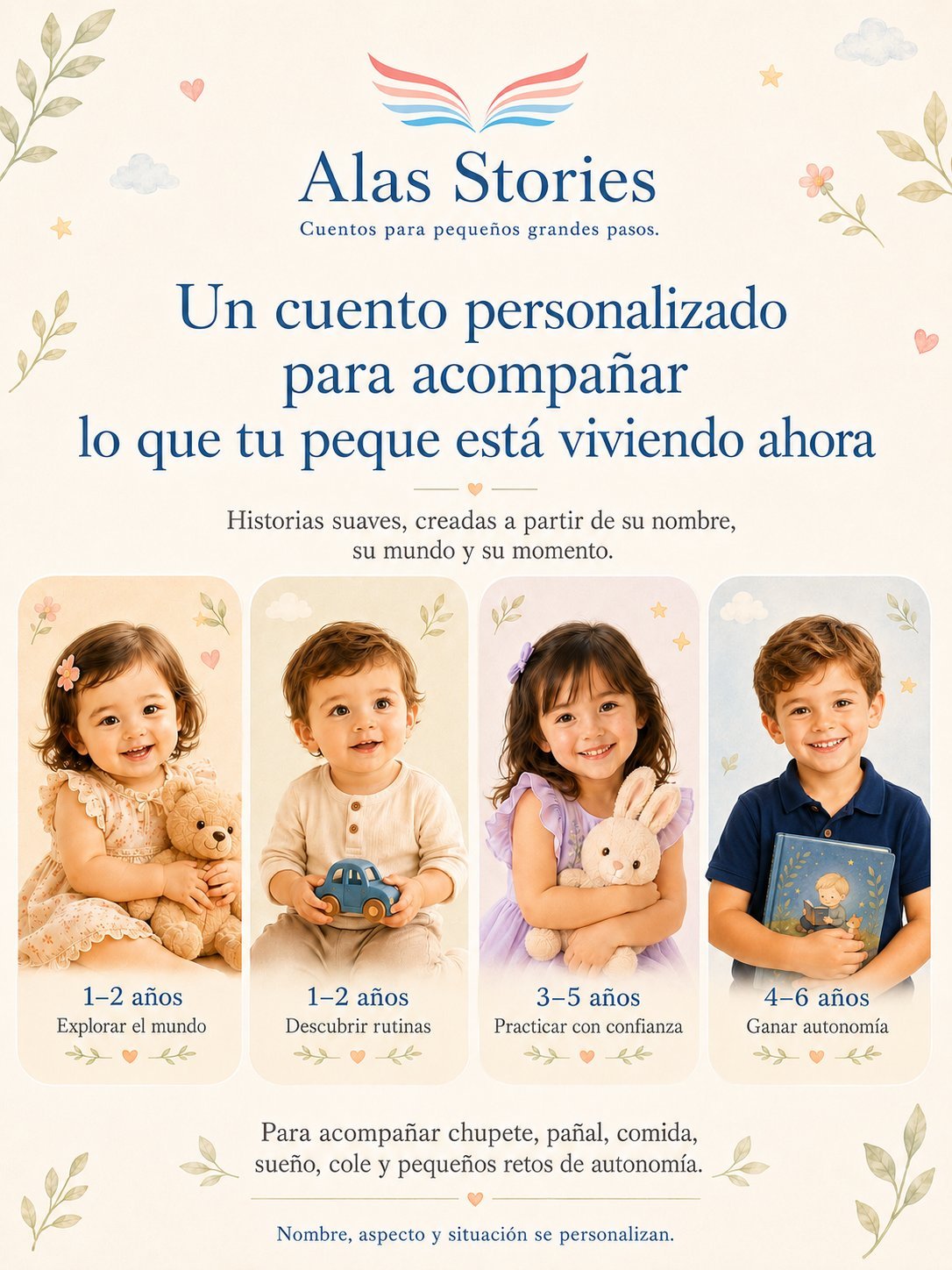 Cuentos personalizados por edades: explorar el mundo, descubrir rutinas, practicar con confianza, ganar autonomía
